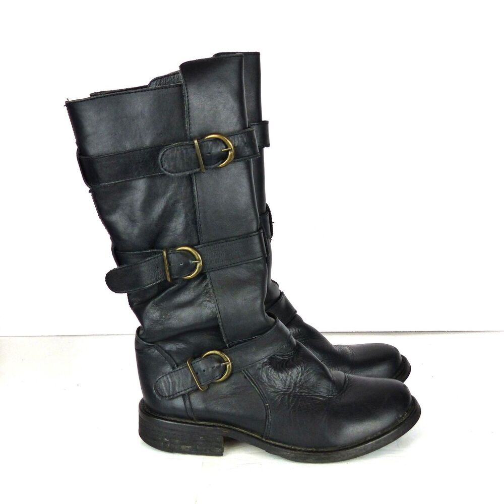 Steve Madden Buck Boots Womens 7.5 Black Leather Triple Buckle Moto Biker Y2K